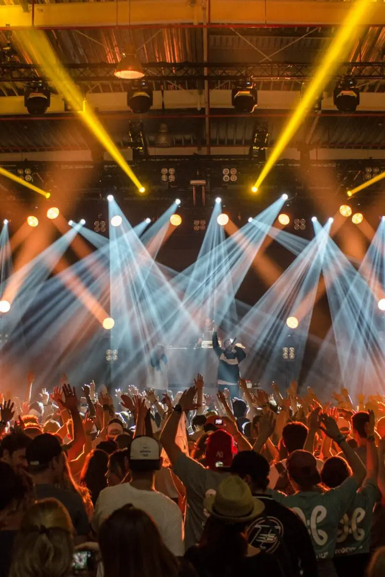 Energetic music concert scene with bright lights and a lively cheering crowd indoors.